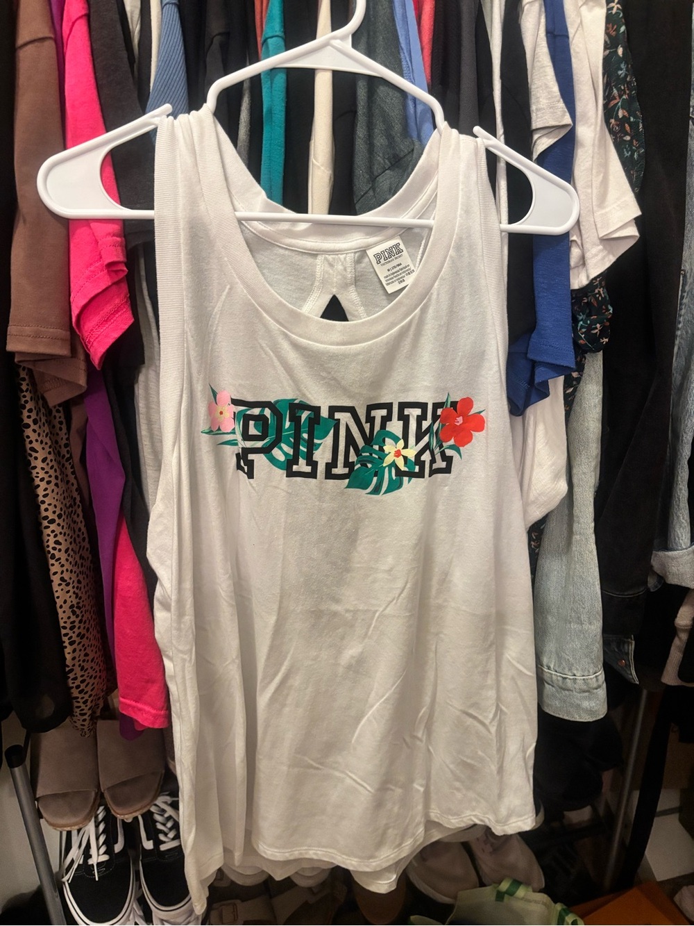 PINK Victoria's Secret White Tank with Tropical Floral Logo